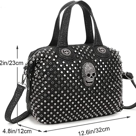 Women Faux Leather Skull Crossbody Bag Shoulder Handbag Purse with Top Handle - Picture 2 of 7